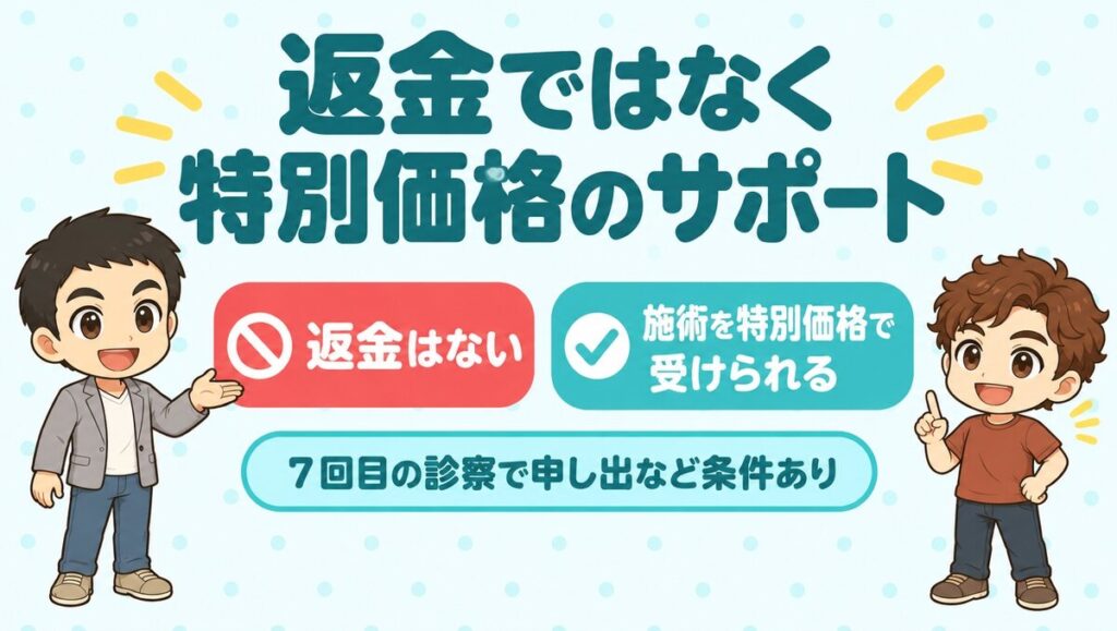 発毛コミット制度は返金ではなく、条件を満たすと頭皮への施術を特別価格で受けられるサポート