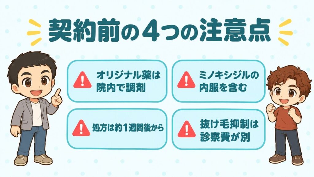 契約前の4つの注意点。オリジナル薬は院内で調剤、ミノキシジルの内服を含む、処方は約1週間後から、抜け毛抑制は診察費が別