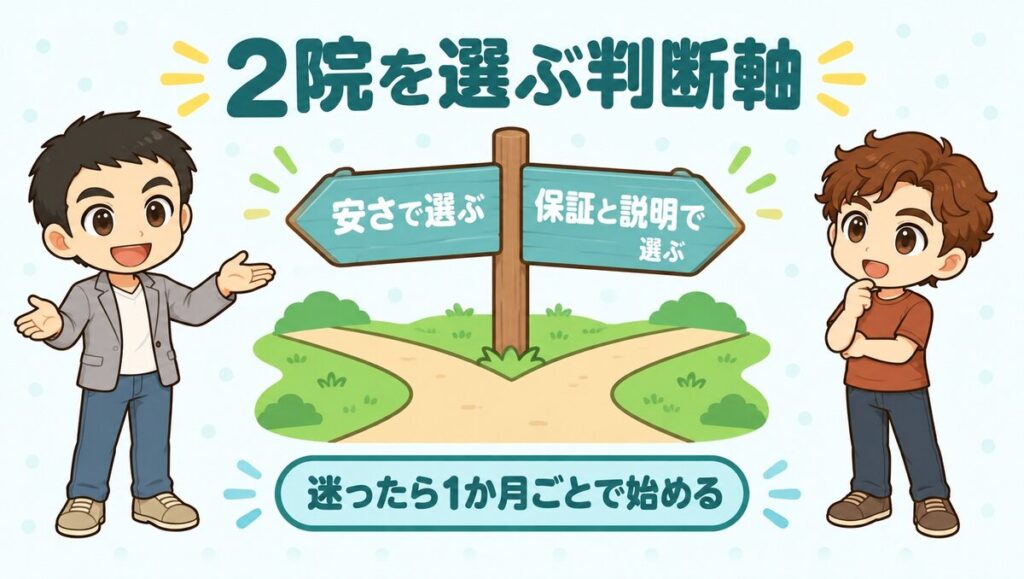 2院を選ぶ判断軸。安さで選ぶか、保証と説明で選ぶか。迷ったら1か月ごとで始める