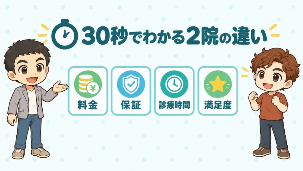 30秒でわかるDMMオンラインクリニックとクリニックフォアの違い(料金・保証・診療時間・満足度)