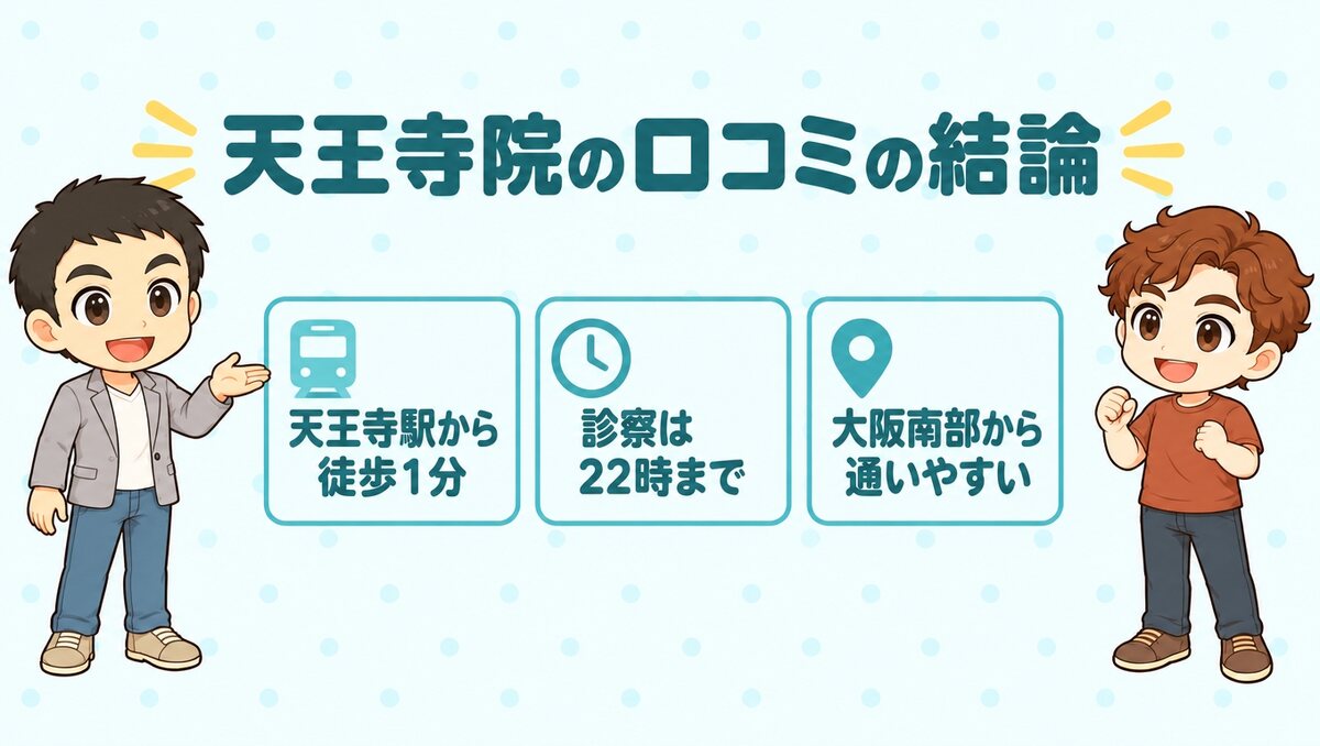 天王寺院の口コミの結論(天王寺駅から徒歩1分、診察は22時まで、大阪南部から通いやすい)