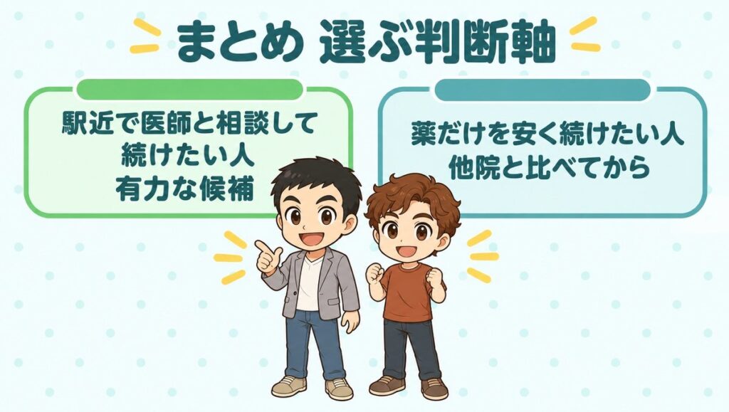 選ぶ判断軸のまとめ。駅近で医師と相談して続けたい人は有力な候補、薬だけを安く続けたい人は他院と比べてから