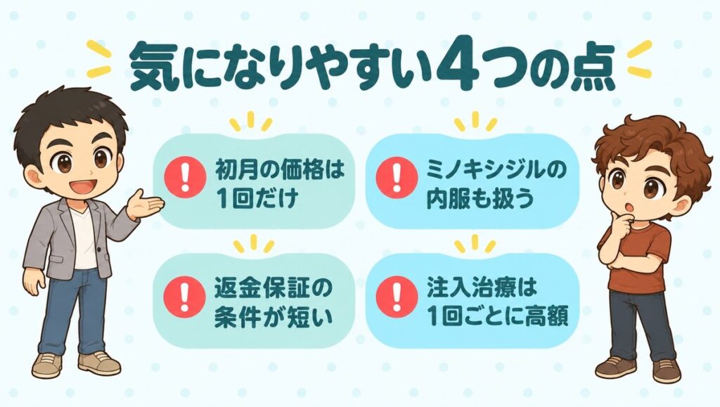 気になりやすい4つの点(初月の価格は1回だけ、ミノキシジルの内服も扱う、返金保証の条件が短い、注入治療は1回ごとに高額)