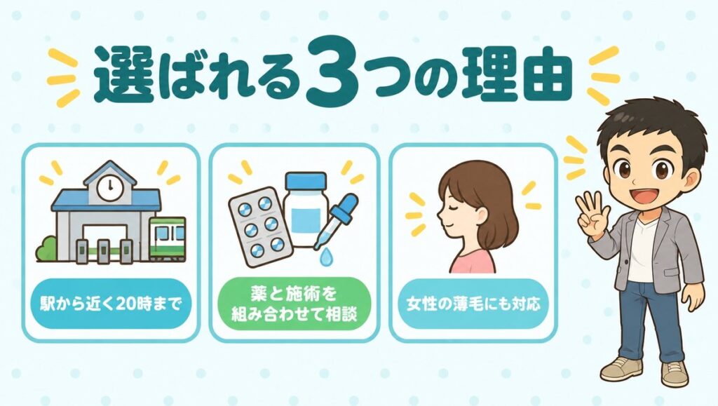 選ばれる3つの理由(駅から近く20時まで、薬と施術を組み合わせて相談、女性の薄毛にも対応)