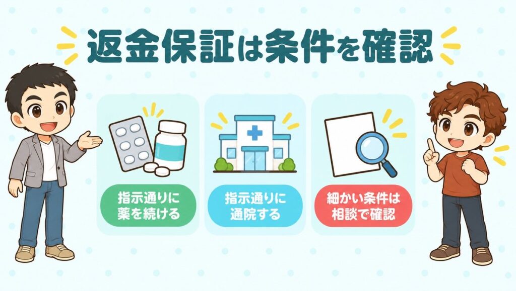 返金保証は条件を確認。指示通りに薬を続ける、指示通りに通院する、細かい条件は相談で確認