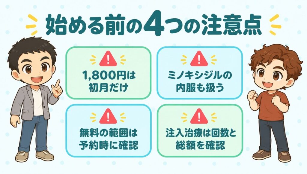 始める前の4つの注意点(1,800円は初月だけ、ミノキシジルの内服も扱う、無料の範囲は予約時に確認、注入治療は回数と総額を確認)