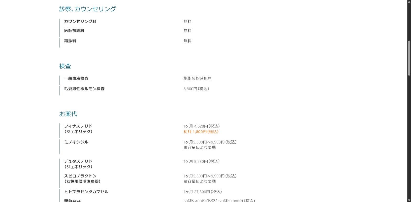 駅前AGAクリニック公式サイトの料金ページ。カウンセリング料・医師初診料・再診料は無料、フィナステリド(ジェネリック)は1ヶ月4,620円・初月1,800円、デュタステリド(ジェネリック)は1ヶ月8,250円(いずれも税込)と記載されている