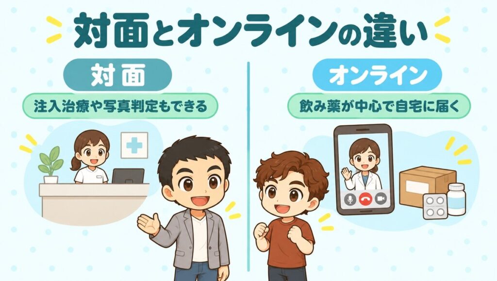 対面とオンラインの違い。対面は注入治療や写真判定もでき、オンラインは飲み薬が中心で自宅に届く