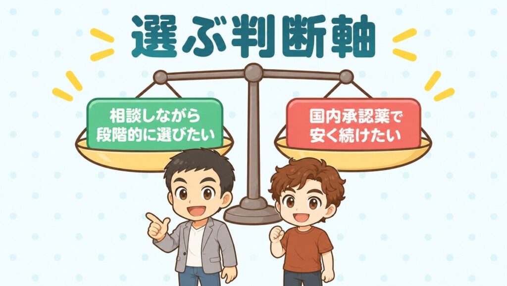 ゴリラクリニックを選ぶ判断軸。相談しながら段階的に選びたい人と、国内承認薬で安く続けたい人