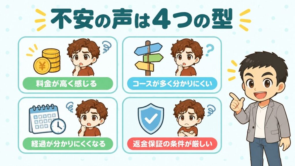 不安の声は4つの型（料金が高く感じる、コースが多く分かりにくい、経過が分かりにくくなる、返金保証の条件が厳しい）