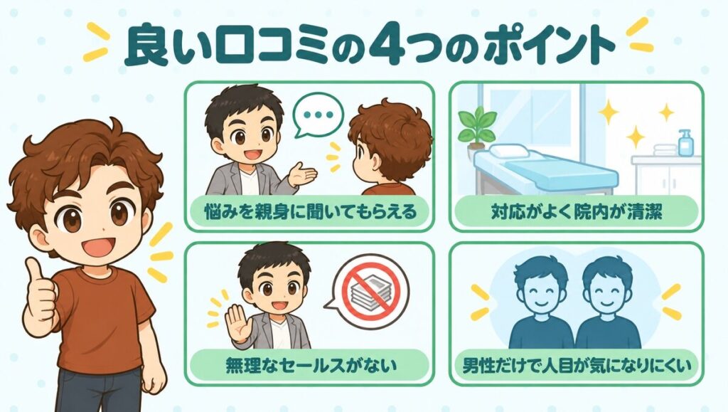 良い口コミの4つのポイント（悩みを親身に聞いてもらえる、対応がよく院内が清潔、無理なセールスがない、男性だけで人目が気になりにくい）