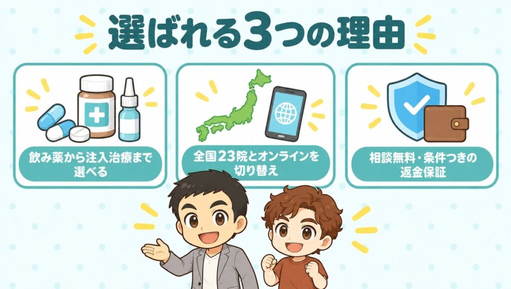 ゴリラクリニックが選ばれる3つの理由。飲み薬から注入治療まで選べる、全国23院とオンラインを切り替え、相談無料と条件つきの返金保証
