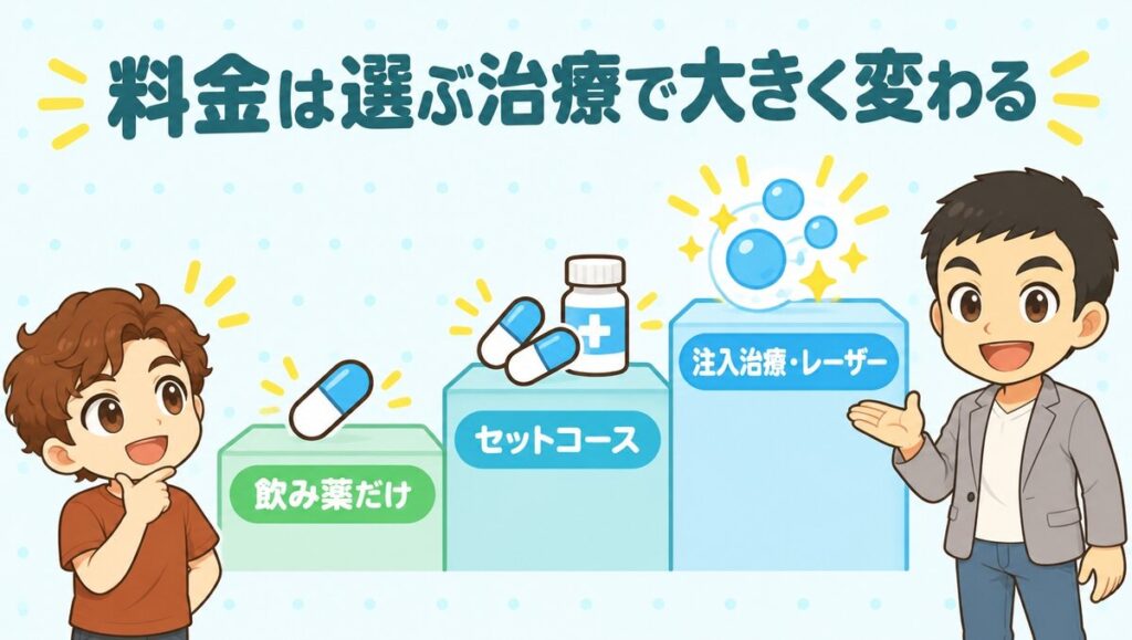 料金は選ぶ治療で大きく変わる（飲み薬だけ、セットコース、注入治療・レーザー）