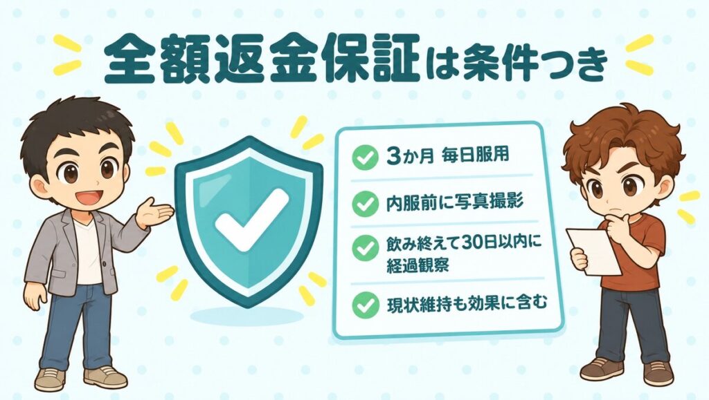 全額返金保証は条件つき。3か月毎日服用、内服前に写真撮影、飲み終えて30日以内に経過観察、現状維持も効果に含む