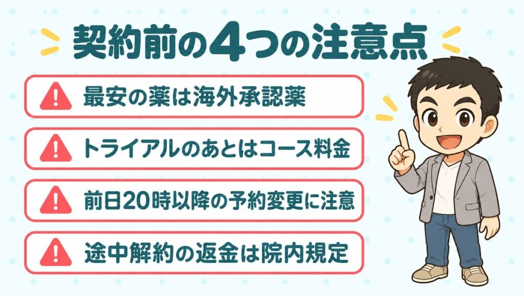 契約前の4つの注意点。最安の薬は海外承認薬、トライアルのあとはコース料金、前日20時以降の予約変更に注意、途中解約の返金は院内規定