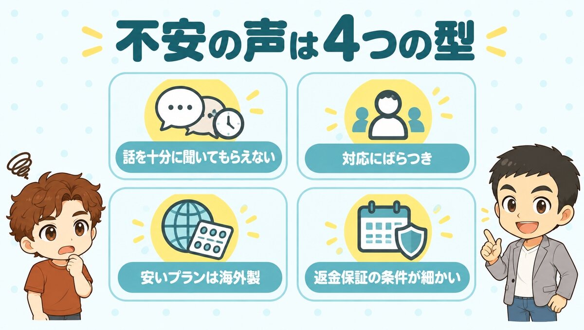 不安の声は4つの型(話を十分に聞いてもらえない、対応にばらつき、安いプランは海外製、返金保証の条件が細かい)