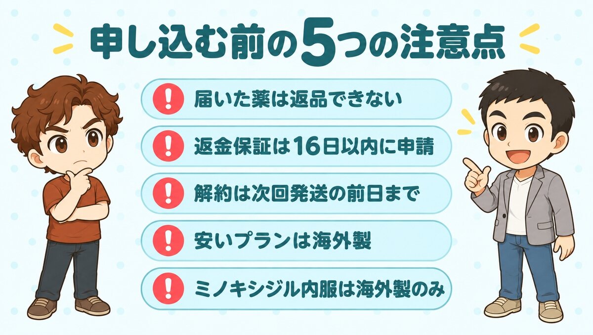 申し込む前の5つの注意点。返品不可、返金保証は16日以内に申請、解約は次回発送の前日まで、安いプランは海外製、ミノキシジル内服は海外製のみ