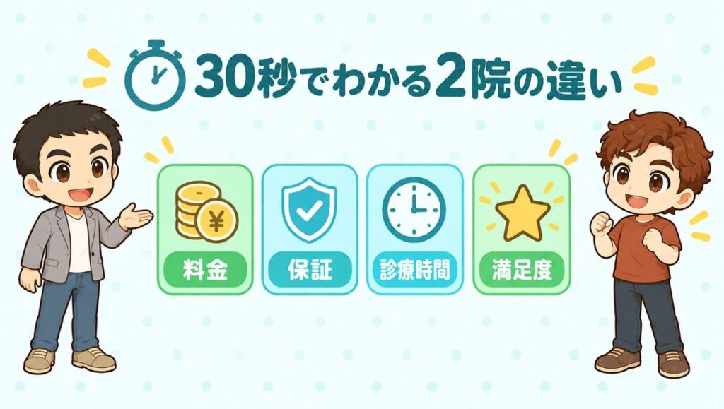 30秒でわかる2院の違い(料金・保証・診療時間・満足度)